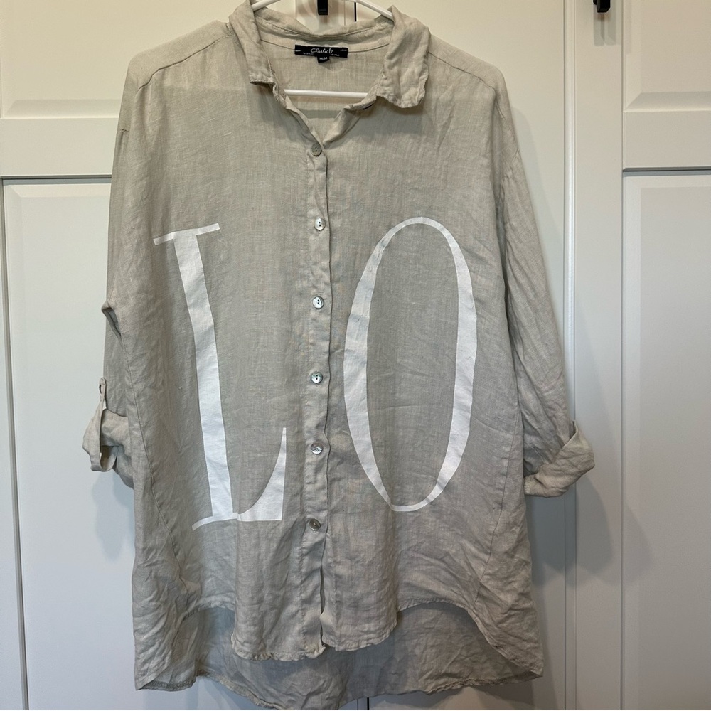 Charlie B Linen Button-Up Shirt with White Lettering Love, beige/white, Italy